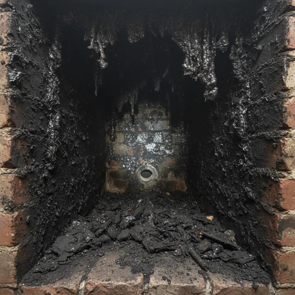 Chimney interior with heavy creosote buildup before professional sweep