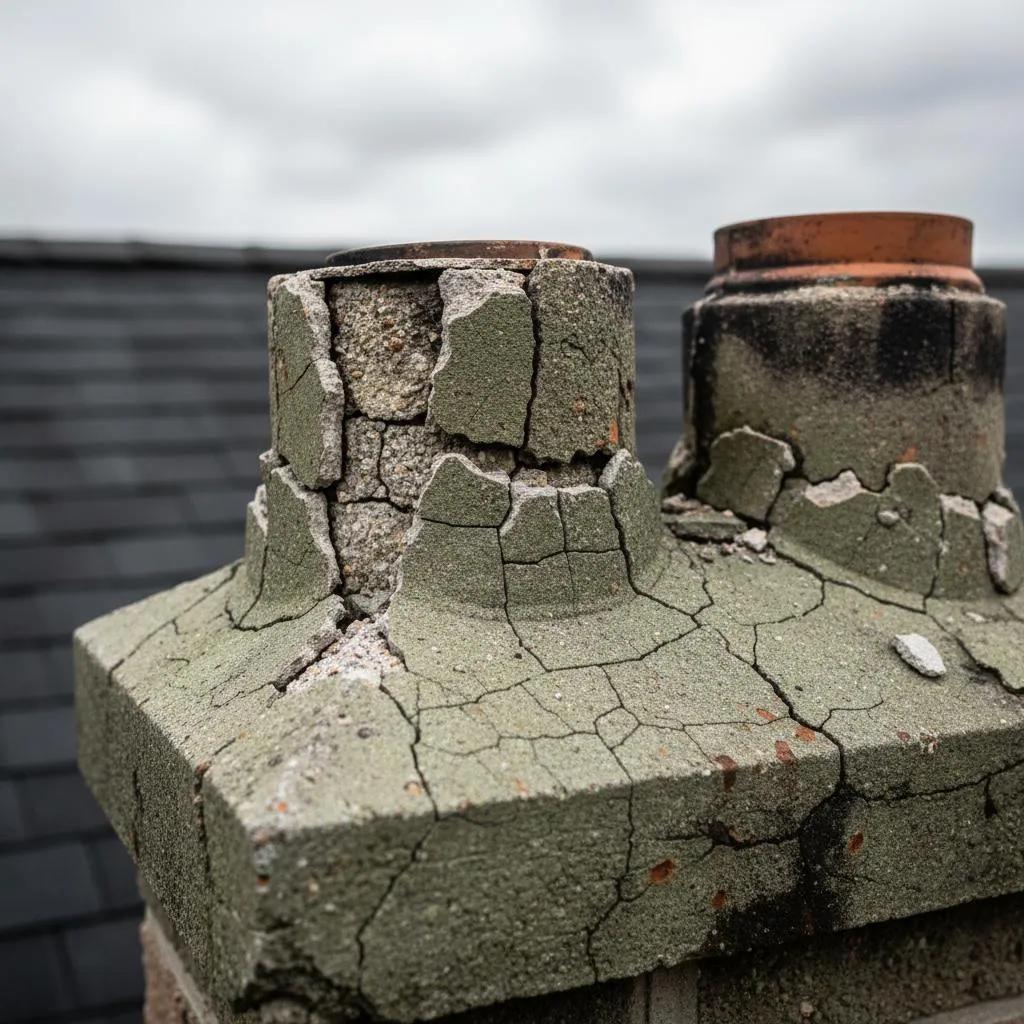 Damaged chimney crown before professional repair