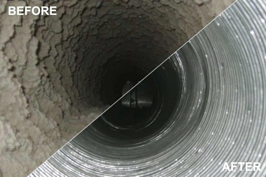 Clogged dryer vent with lint buildup before professional cleaning